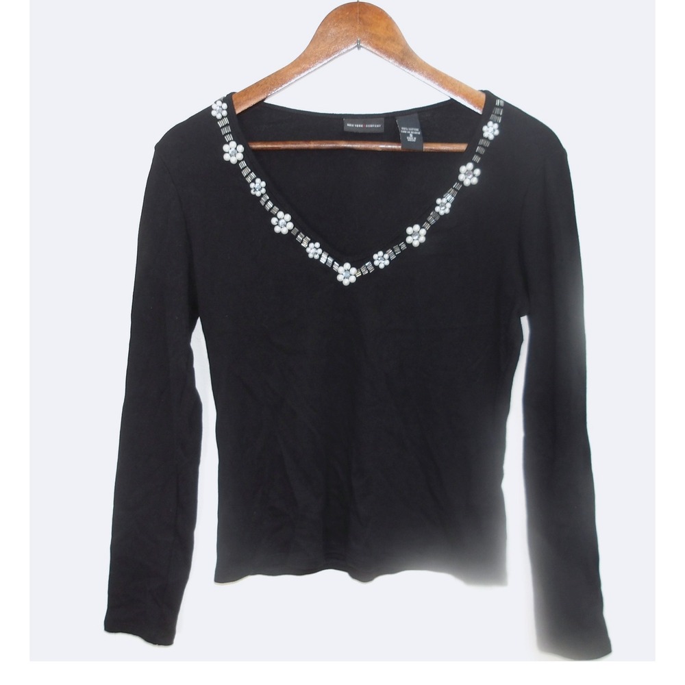 New York Company Womens Black Embellished Cotton Knit Top Size Small / #1190